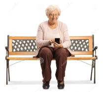 Photo with a white background that shows a senior woman sitting on a bench, touching the screen of her smartphone.